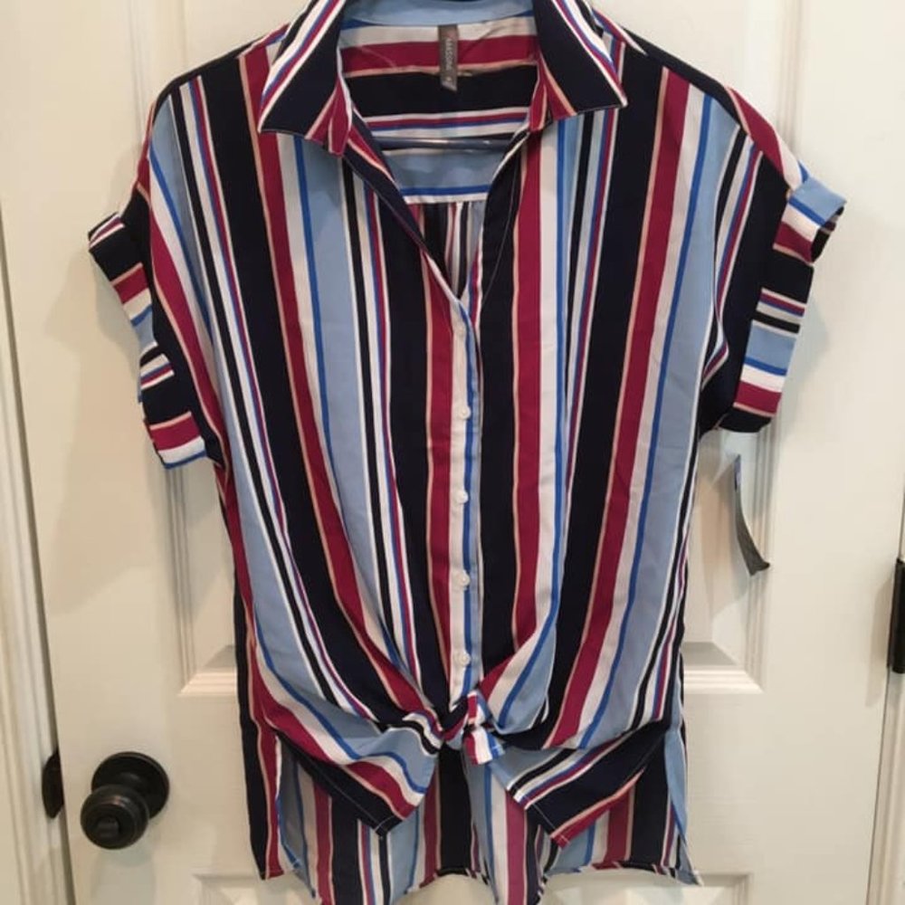 Blue/Purple/White Striped Button Up Top
